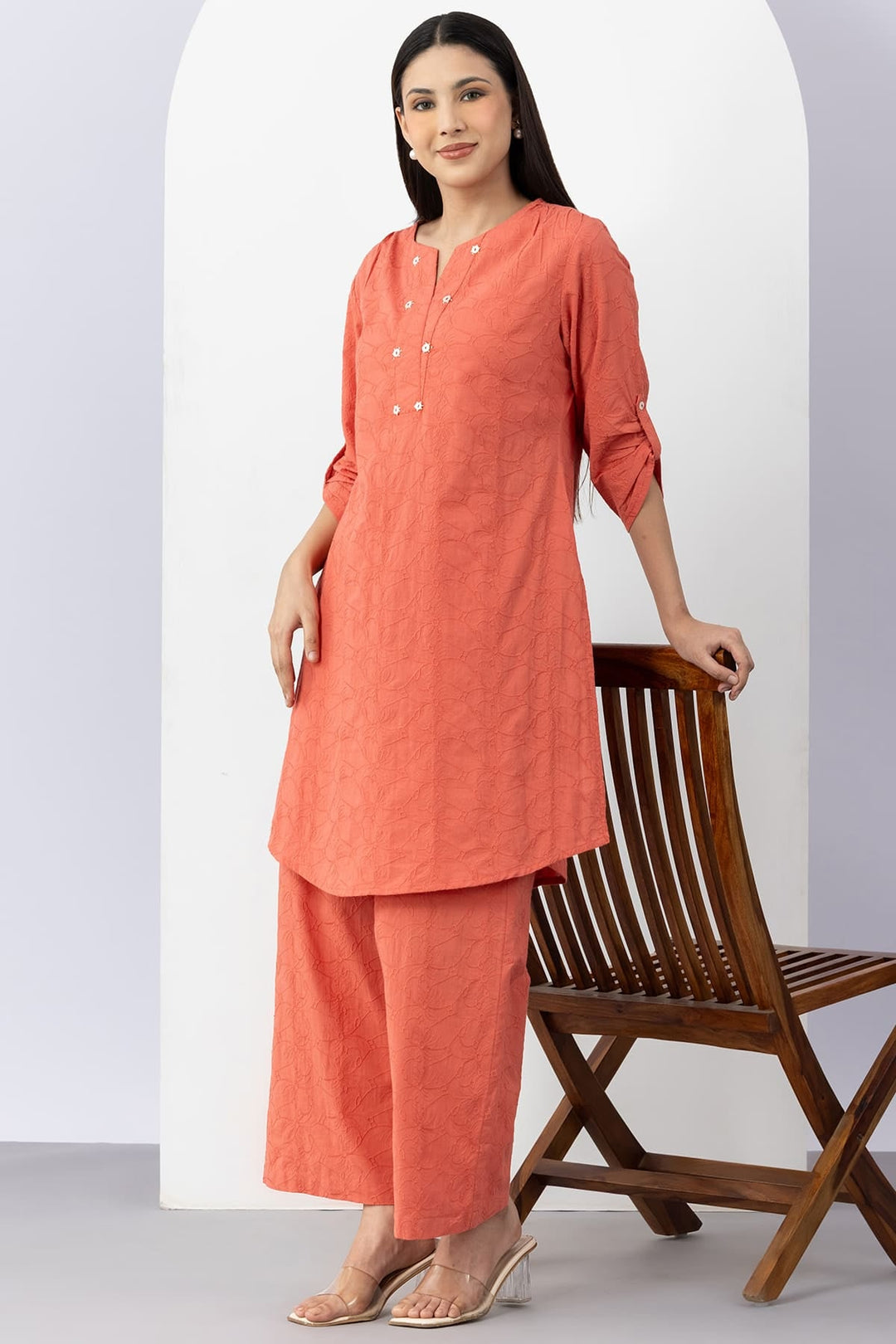 Orange Cotton Kurta Set For Women
