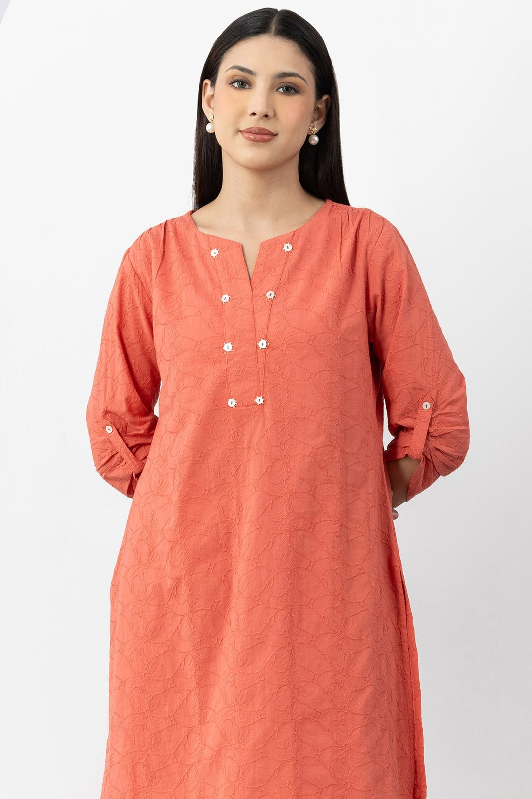 Orange Cotton Kurta Set For Women