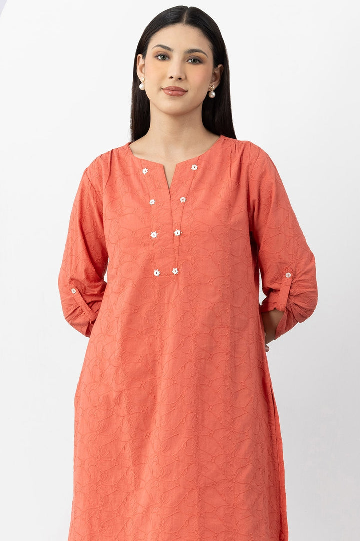 Orange Cotton Kurta Set For Women