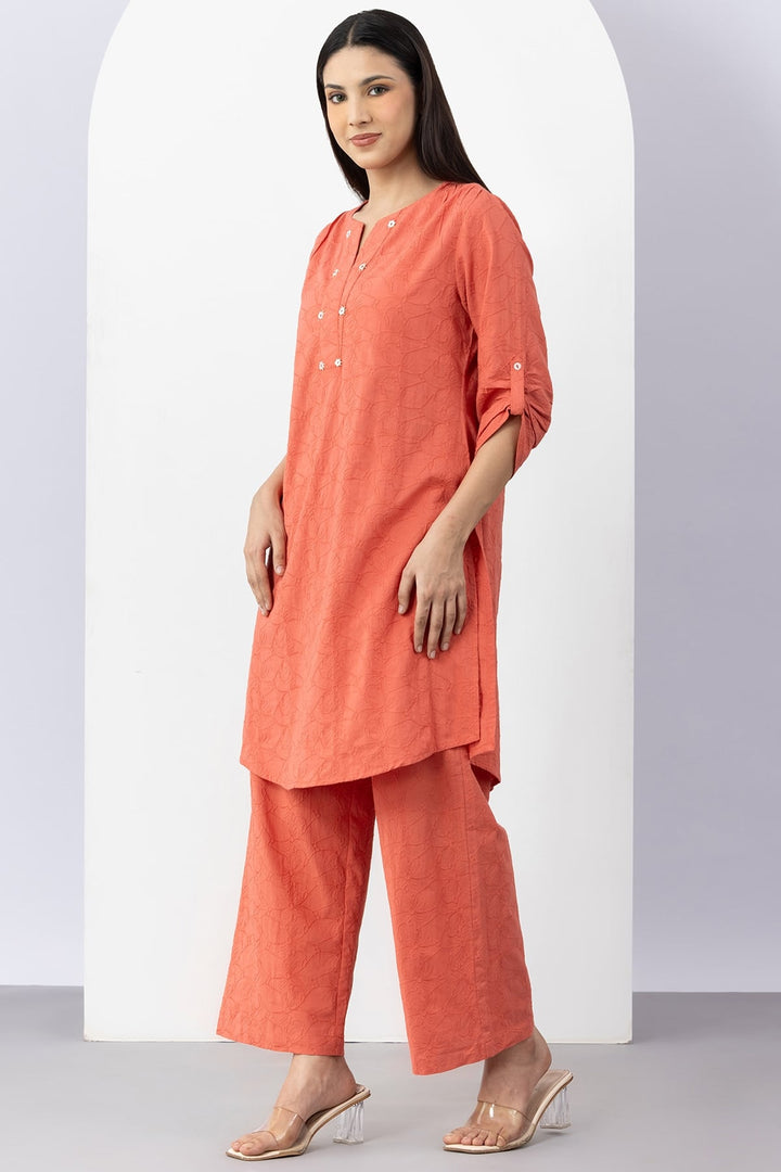 Orange Cotton Kurta Set For Women