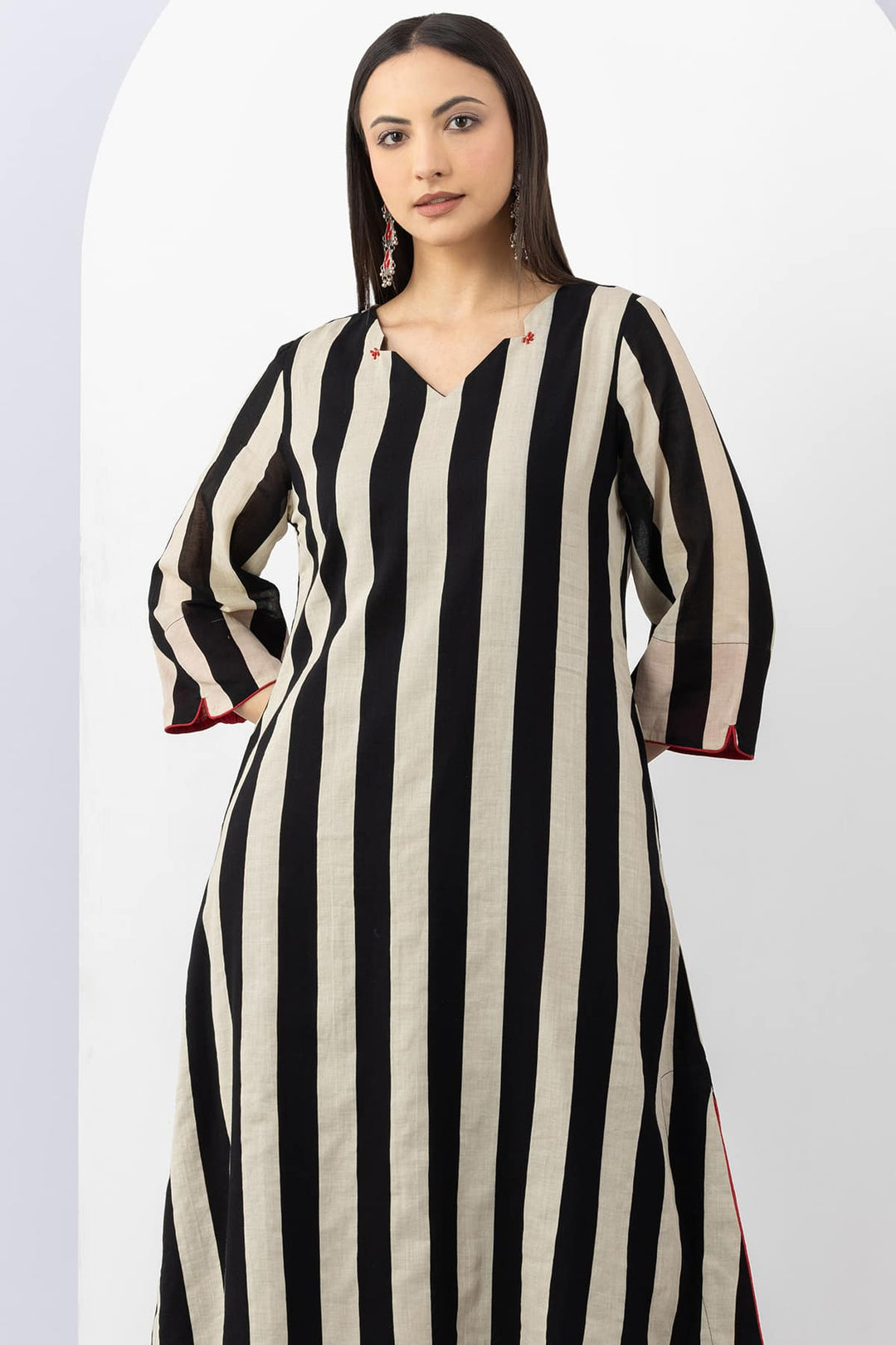Black &amp; Beige Cotton Stripe Kurti with V Neck &amp; 3/4 Sleeves