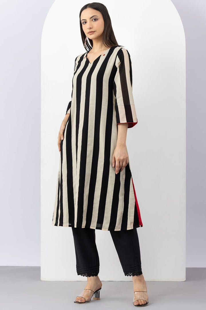 Black &amp; Beige Cotton Stripe Kurti with V Neck &amp; 3/4 Sleeves