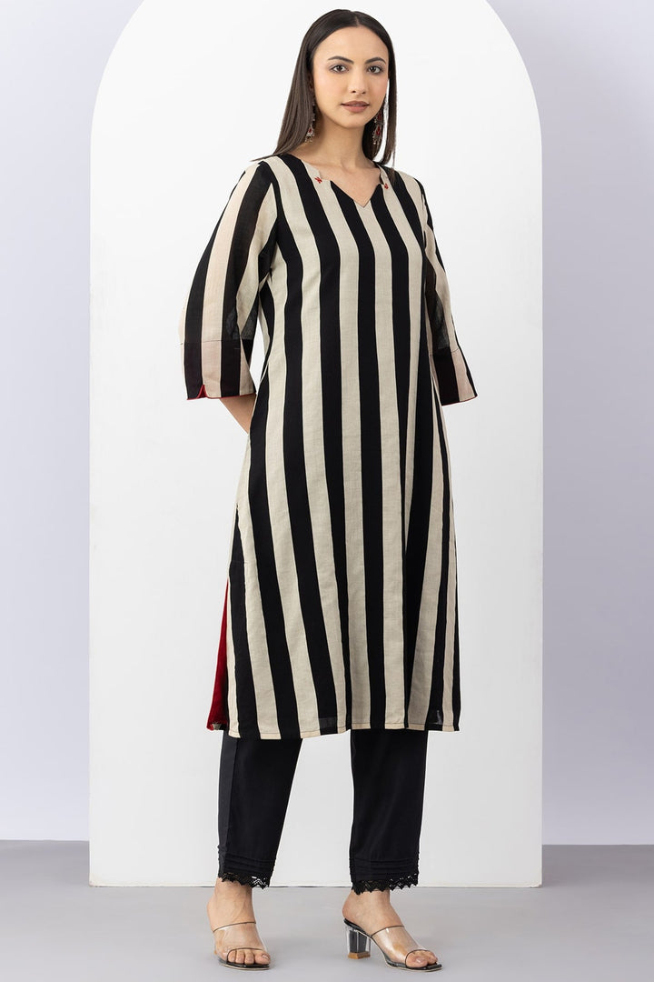 Black &amp; Beige Cotton Stripe Kurti with V Neck &amp; 3/4 Sleeves