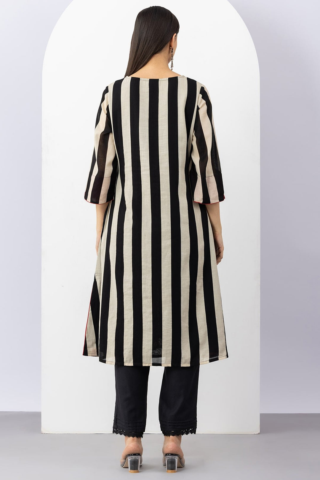 Black &amp; Beige Cotton Stripe Kurti with V Neck &amp; 3/4 Sleeves