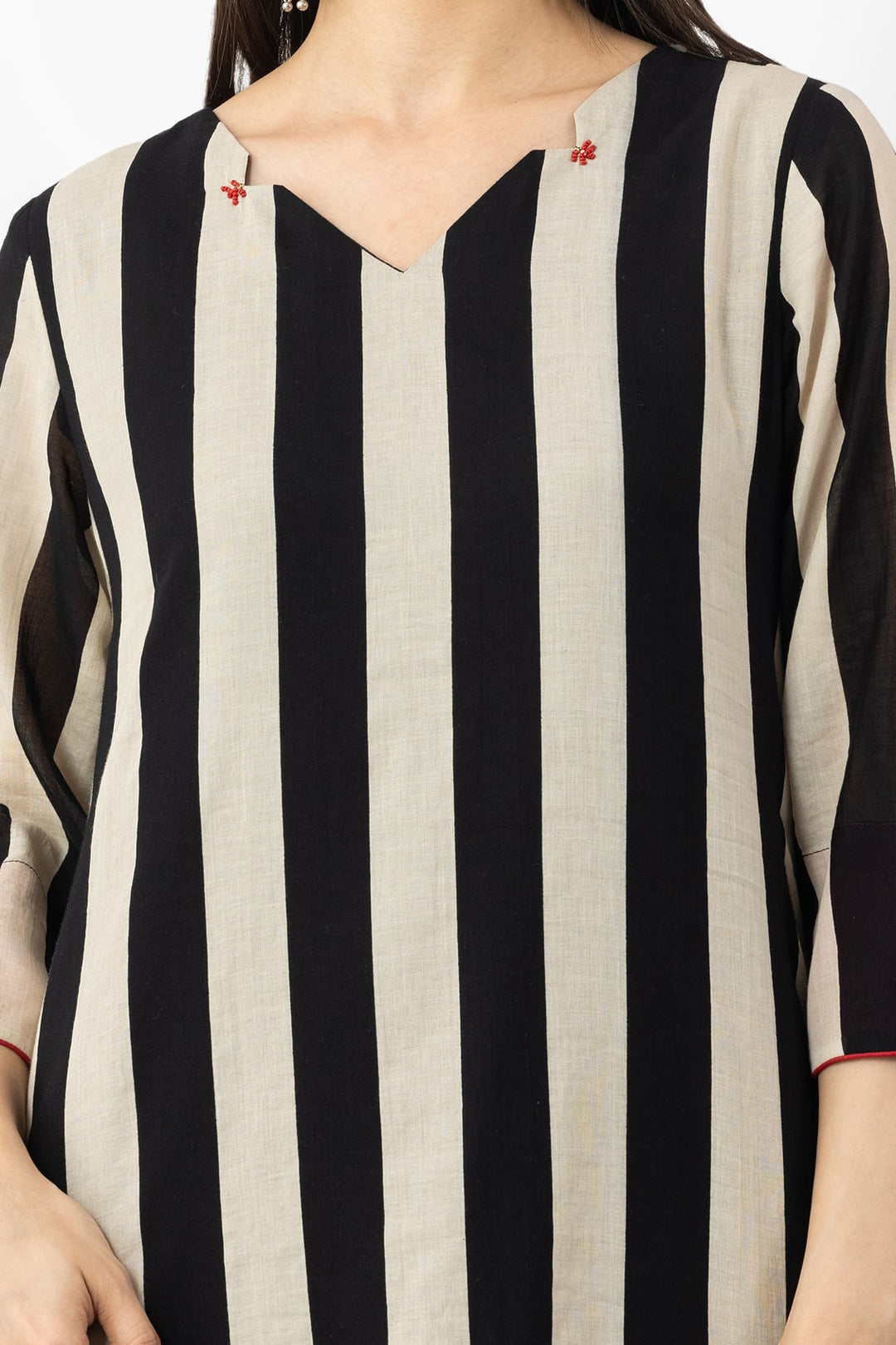 Black &amp; Beige Cotton Stripe Kurti with V Neck &amp; 3/4 Sleeves