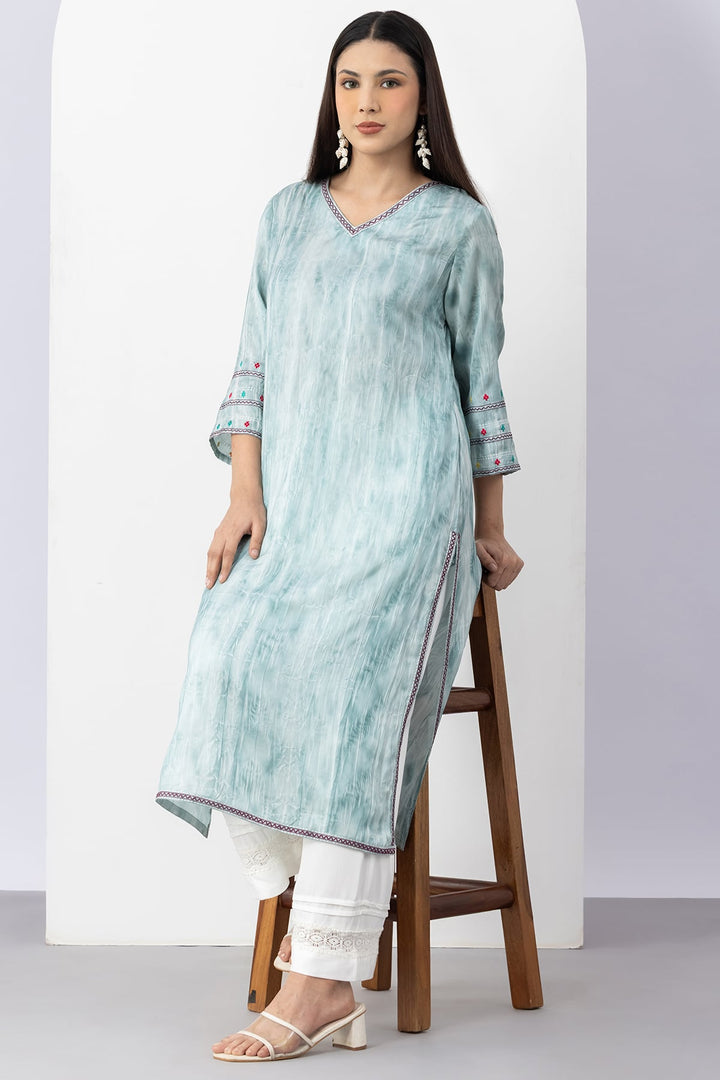 Greyish Blue Viscose Kurti with V Neck &amp; 3/4 Sleeves