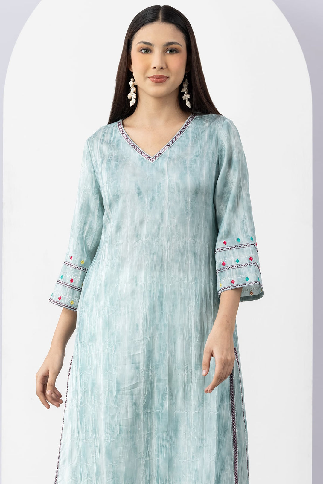Greyish Blue Viscose Kurti with V Neck &amp; 3/4 Sleeves