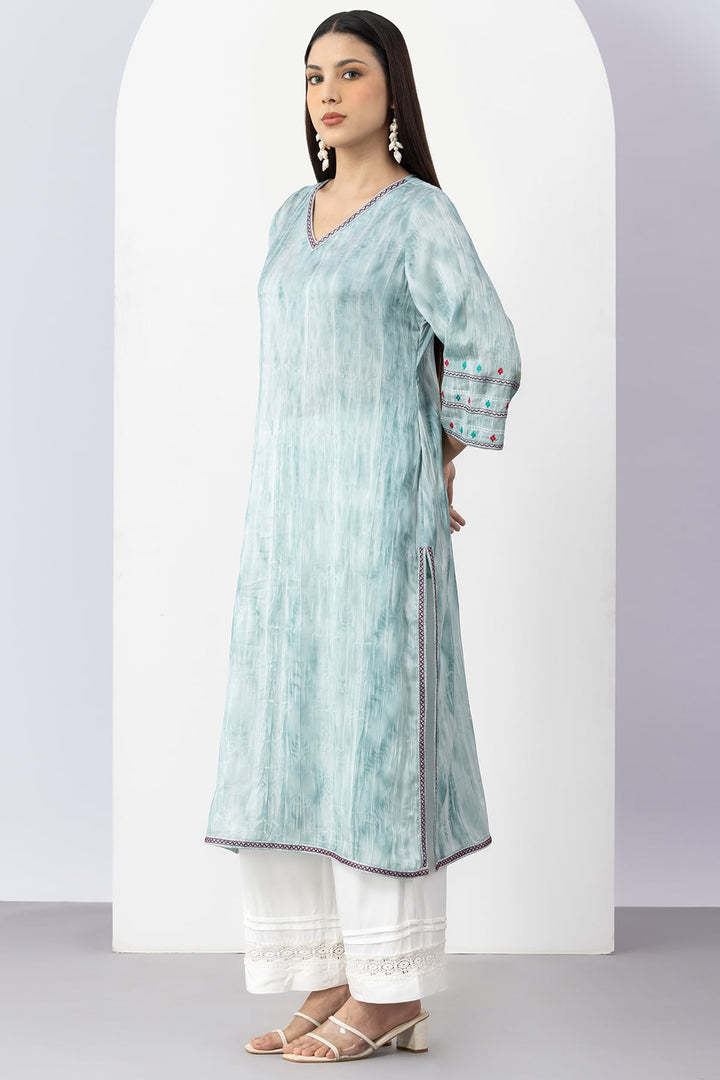 Greyish Blue Viscose Kurti with V Neck &amp; 3/4 Sleeves