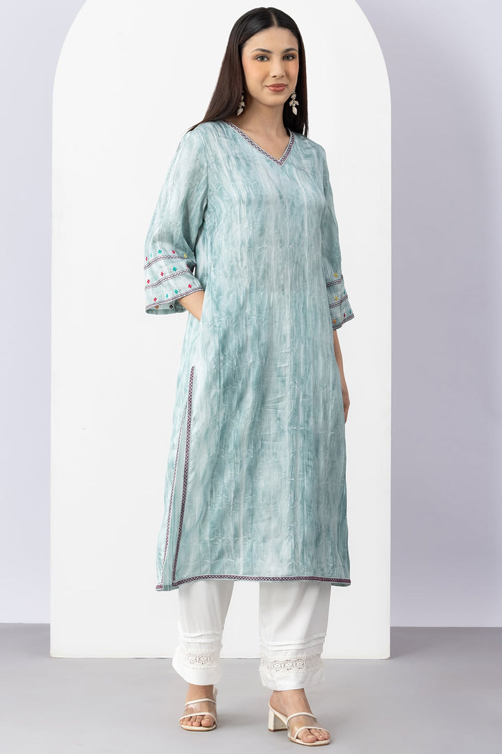 Greyish Blue Viscose Kurti with V Neck &amp; 3/4 Sleeves