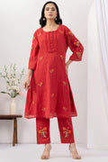 Salmon Red Mulmul Cotton Dobby Kurta Set