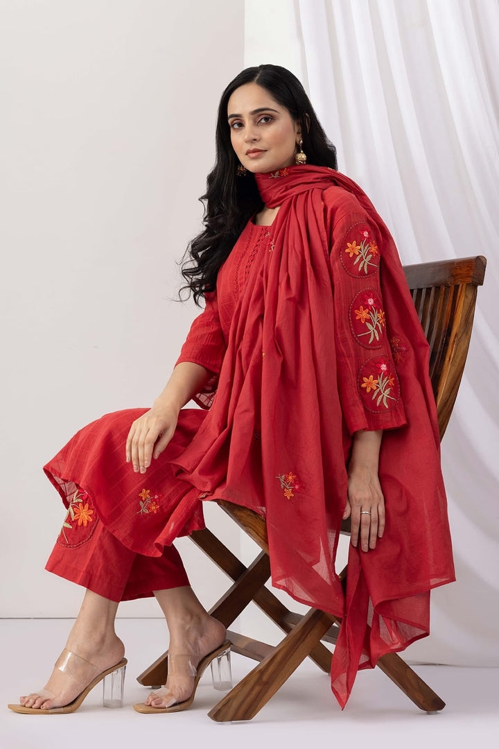 Salmon Red Muslin Dobby Embroidered Dupatta