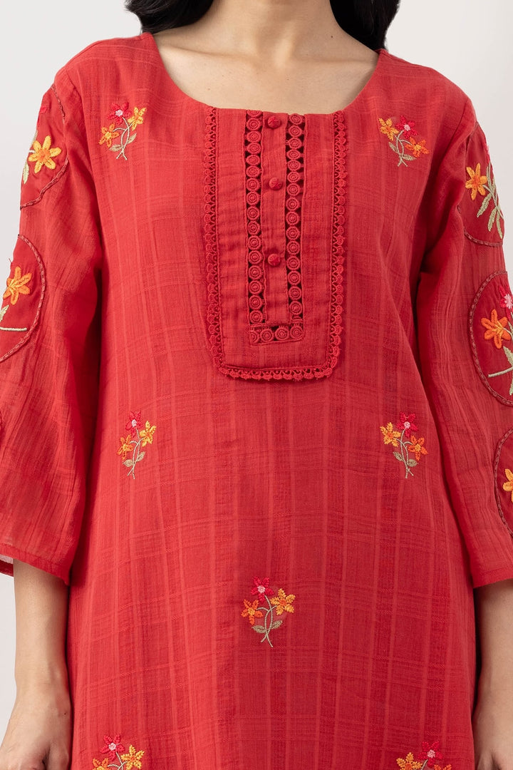 Salmon Red Mulmul Cotton Dobby Kurta Set