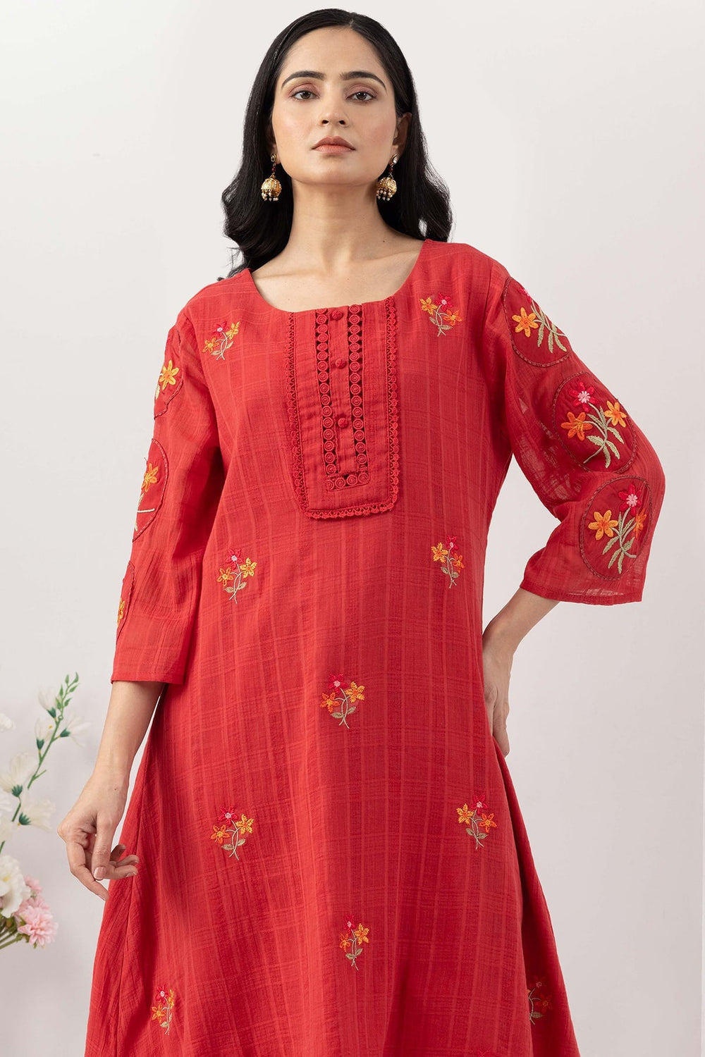 Salmon Red Mulmul Cotton Dobby Kurta Set