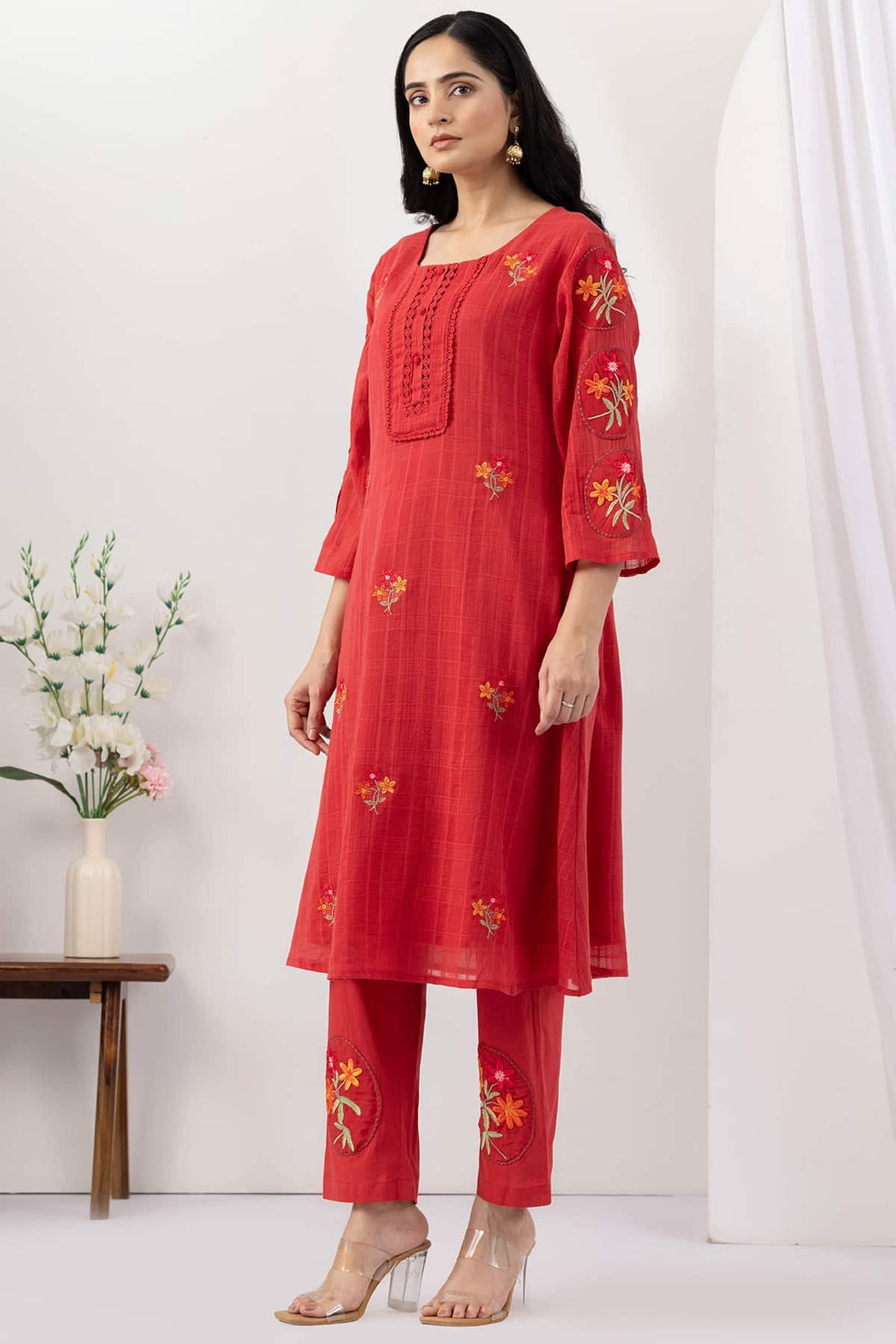 Salmon Red Mulmul Cotton Dobby Kurta Set