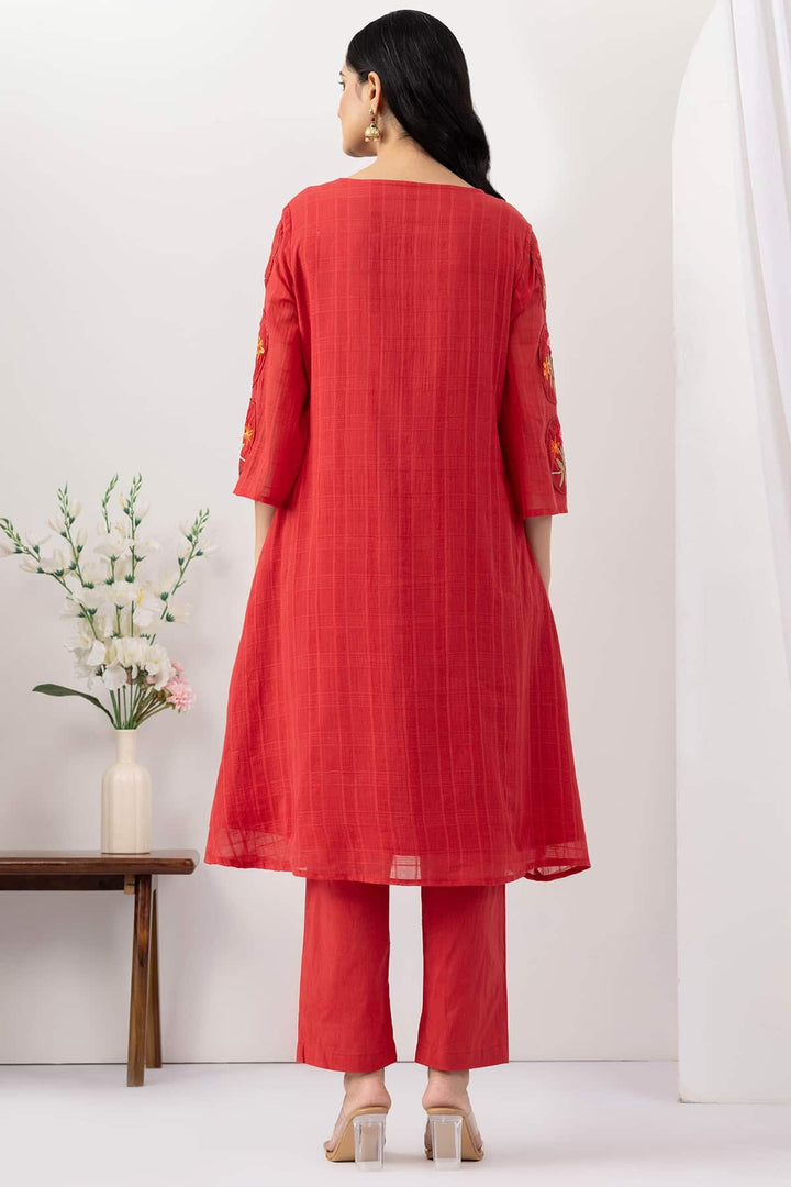 Salmon Red Mulmul Cotton Dobby Kurta Set