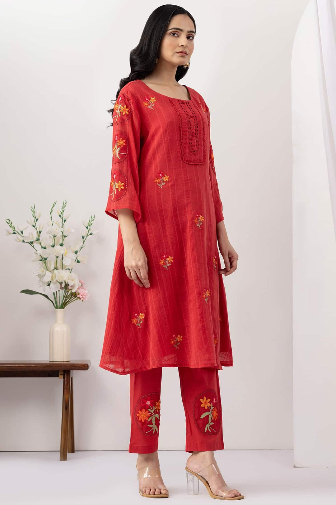 Salmon Red Mulmul Cotton Dobby Kurta Set