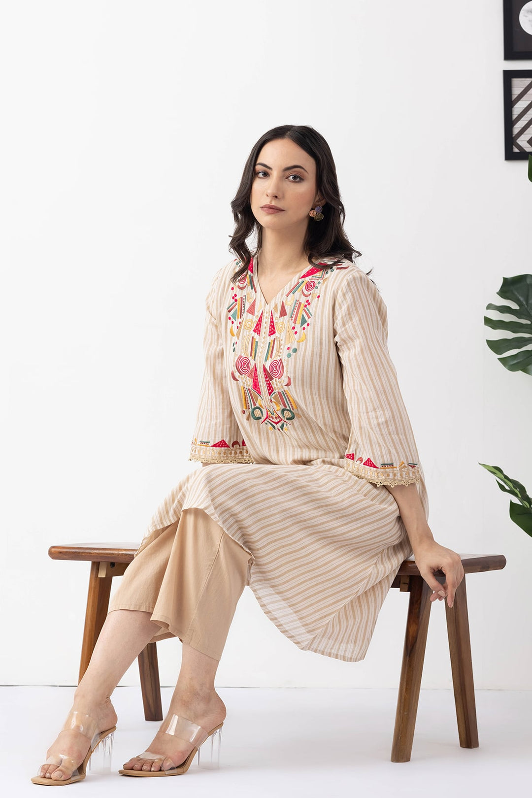 beige kurta set for women embroidered cotton stripe v neck 3/4 sleeves