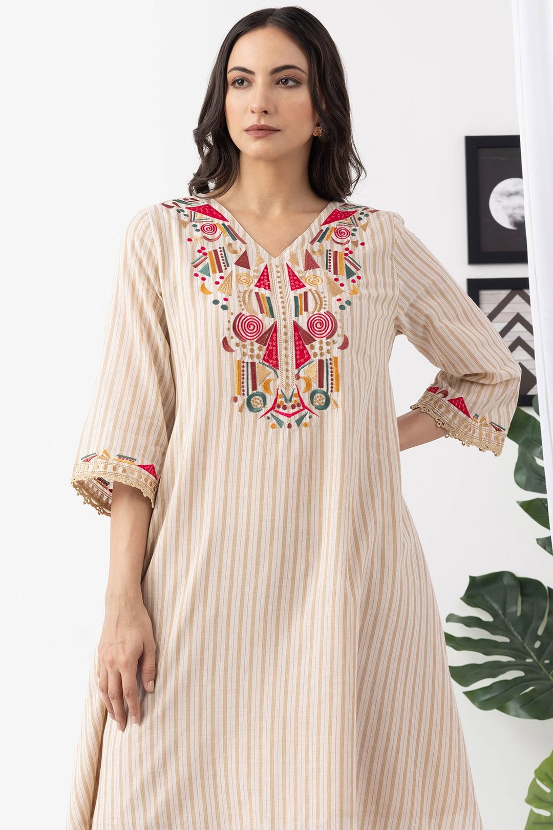 beige kurta set for women embroidered cotton stripe v neck 3/4 sleeves