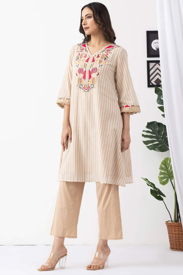beige kurta set for women embroidered cotton stripe v neck 3/4 sleeves
