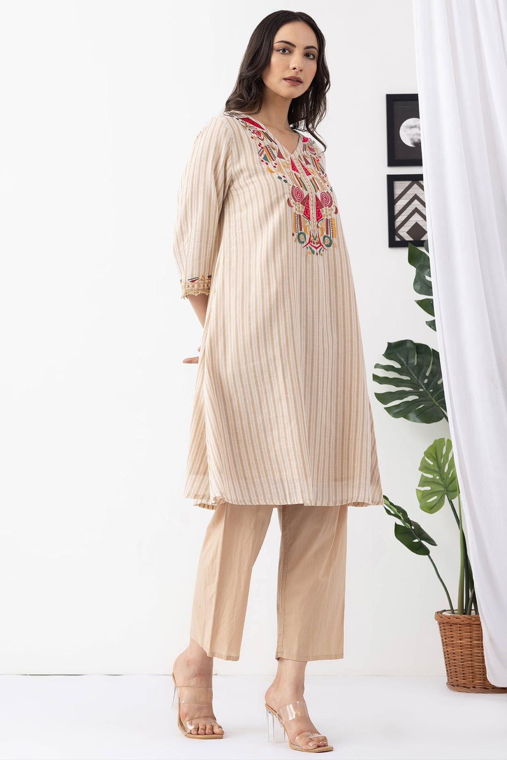 beige kurta set for women embroidered cotton stripe v neck 3/4 sleeves