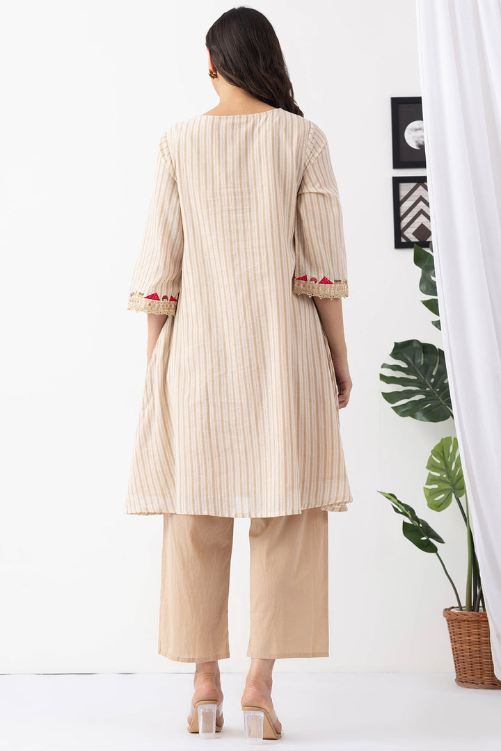 beige kurta set for women embroidered cotton stripe v neck 3/4 sleeves
