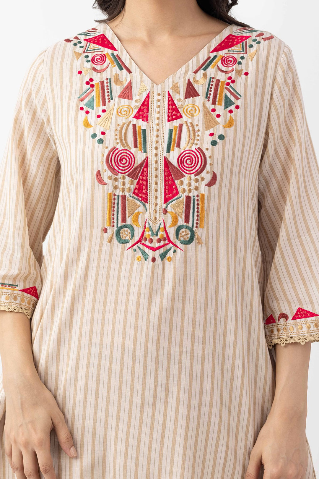 beige kurta set for women embroidered cotton stripe v neck 3/4 sleeves