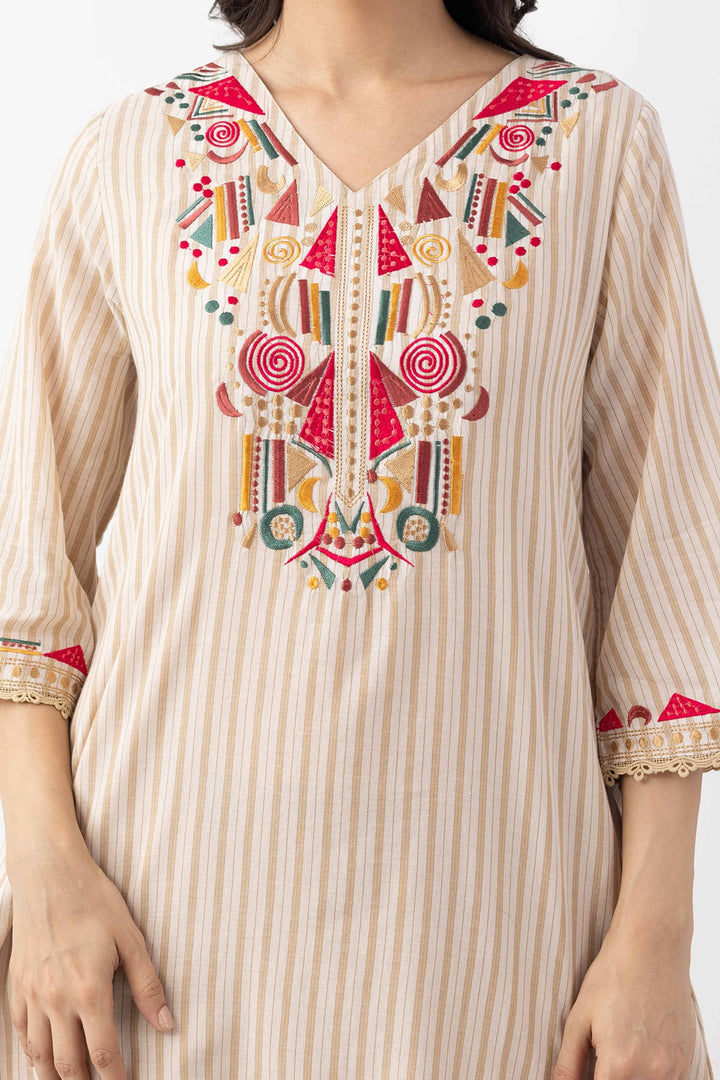 beige kurta set for women embroidered cotton stripe v neck 3/4 sleeves