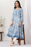 Blue Printed Viscose Slub Kurti with V Neck & 3/4 Sleeves
