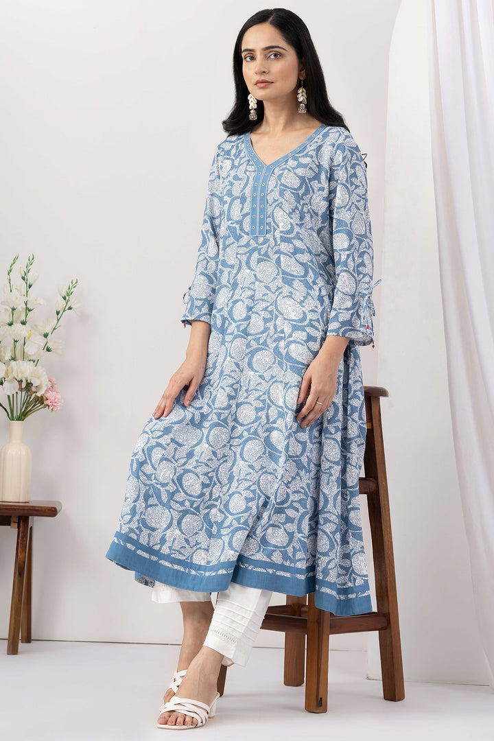 Blue Printed Viscose Slub Kurti with V Neck &amp; 3/4 Sleeves