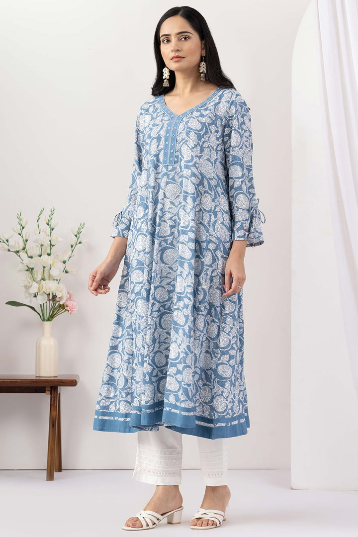 Blue Printed Viscose Slub Kurti with V Neck &amp; 3/4 Sleeves