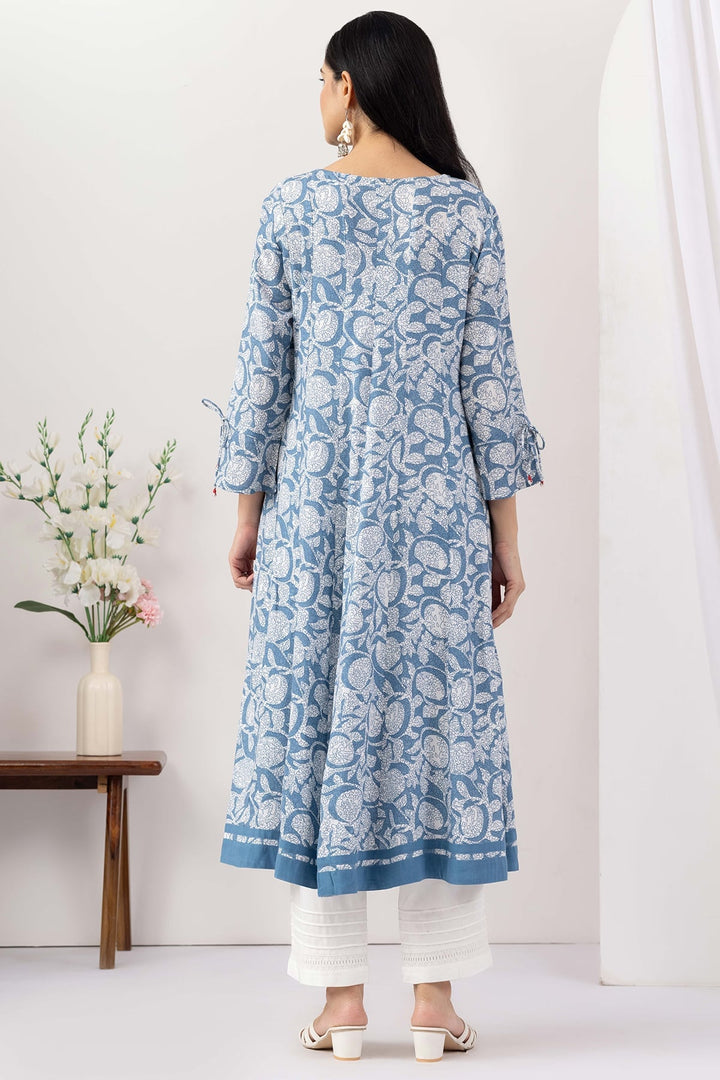 Blue Printed Viscose Slub Kurti with V Neck &amp; 3/4 Sleeves