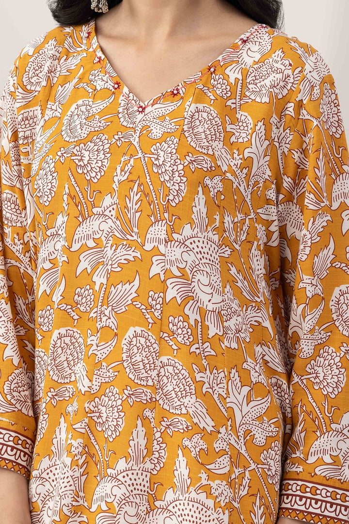 Mustard Printed Viscose Slub V Neck Kurti with 3/4 Sleeves