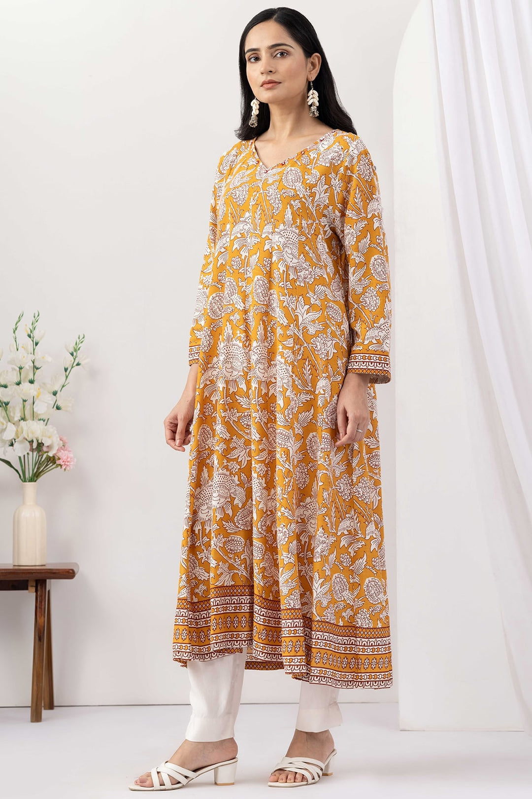 Mustard Printed Viscose Slub V Neck Kurti with 3/4 Sleeves