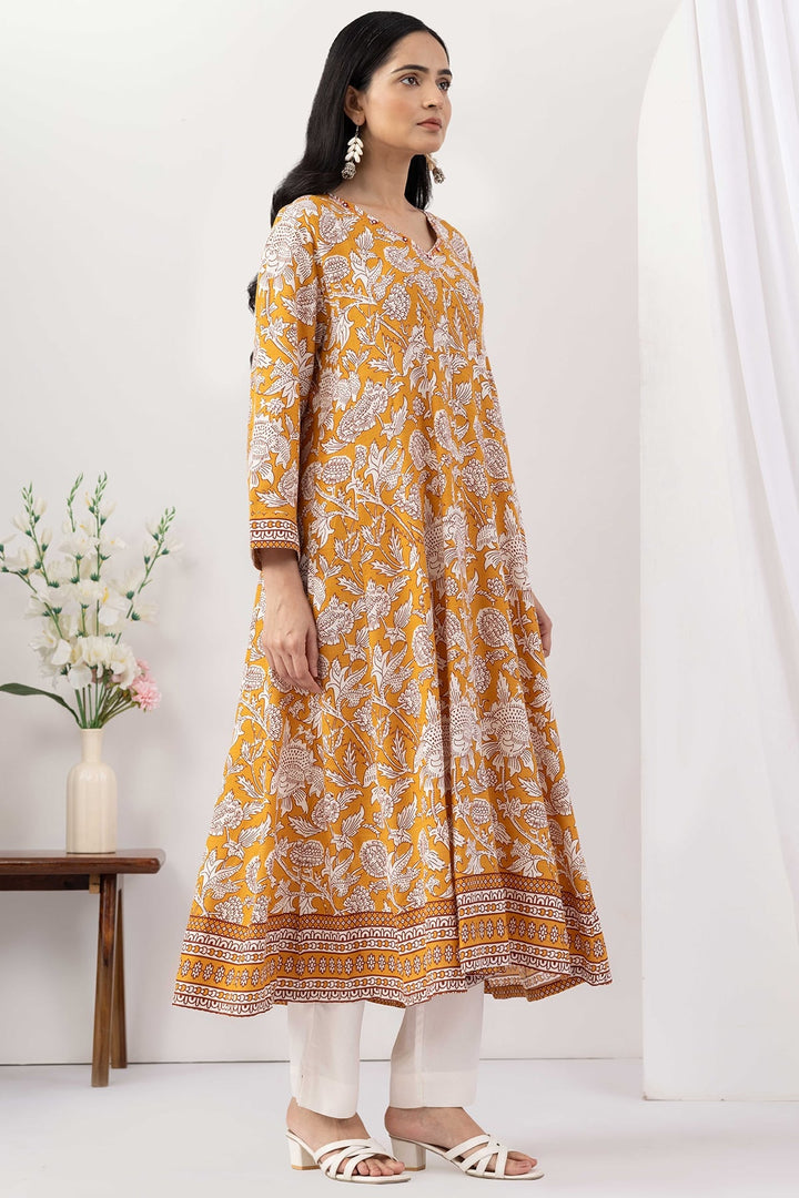 Mustard Printed Viscose Slub V Neck Kurti with 3/4 Sleeves