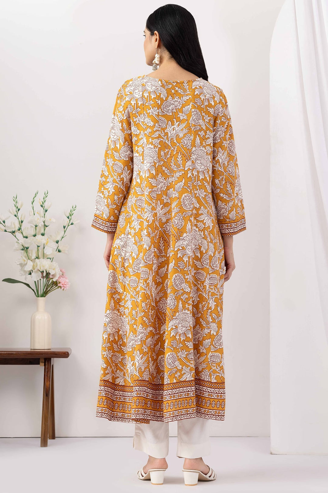 Mustard Printed Viscose Slub V Neck Kurti with 3/4 Sleeves