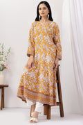 Mustard Printed Viscose Slub V Neck Kurti with 3/4 Sleeves