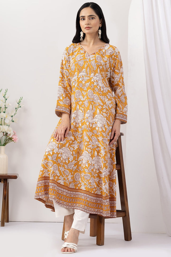 Mustard Printed Viscose Slub V Neck Kurti with 3/4 Sleeves