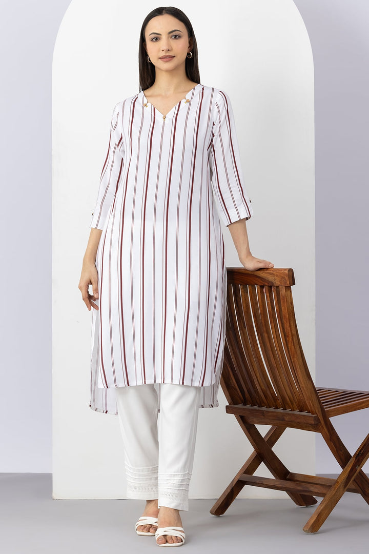White Striped Viscose Kurti with V Neck &amp; 3/4 Sleeves