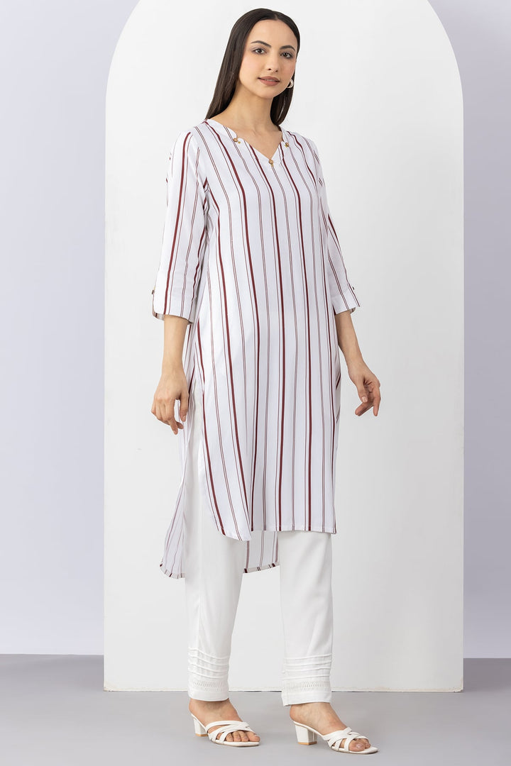 White Striped Viscose Kurti with V Neck &amp; 3/4 Sleeves