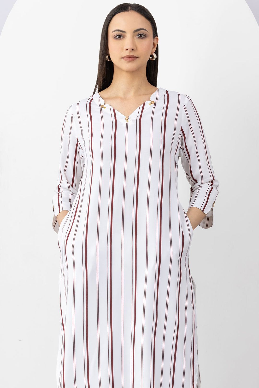 White Striped Viscose Kurti with V Neck &amp; 3/4 Sleeves