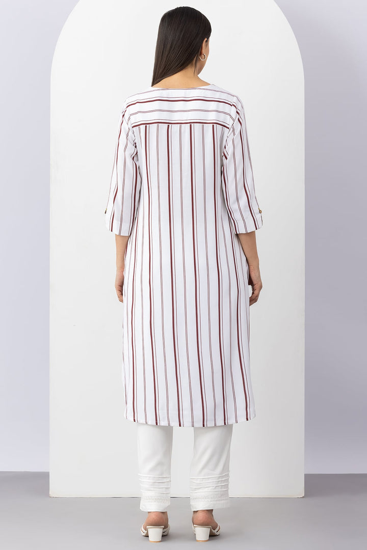 White Striped Viscose Kurti with V Neck &amp; 3/4 Sleeves