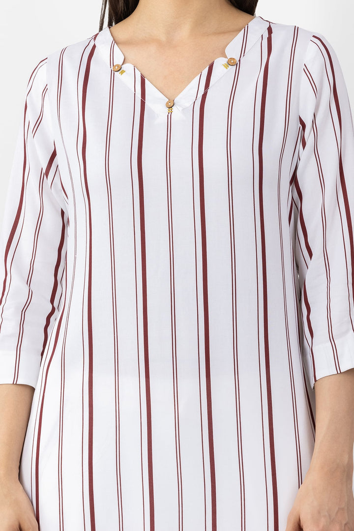 White Striped Viscose Kurti with V Neck &amp; 3/4 Sleeves