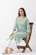 Sage Green Embroidered Cotton Schiffli Kurti with Round Neck & 3/4 Sleeves