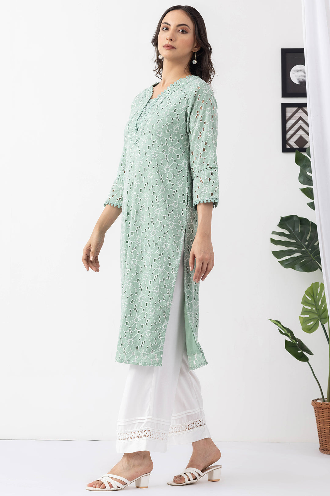 Sage Green Embroidered Cotton Schiffli Kurti with Round Neck &amp; 3/4 Sleeves