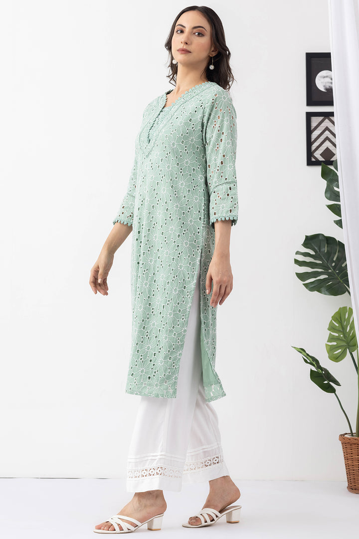 Sage Green Embroidered Cotton Schiffli Kurti with Round Neck &amp; 3/4 Sleeves
