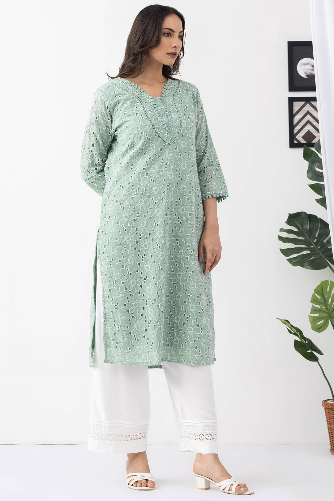Sage Green Embroidered Cotton Schiffli Kurti with Round Neck &amp; 3/4 Sleeves