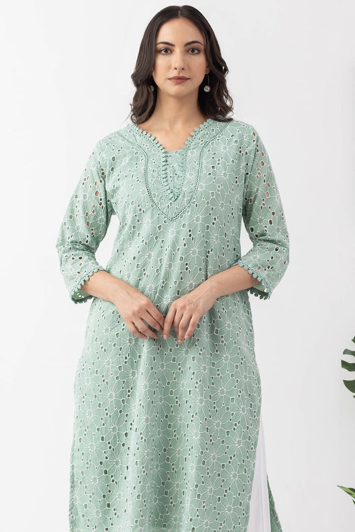 Sage Green Embroidered Cotton Schiffli Kurti with Round Neck &amp; 3/4 Sleeves
