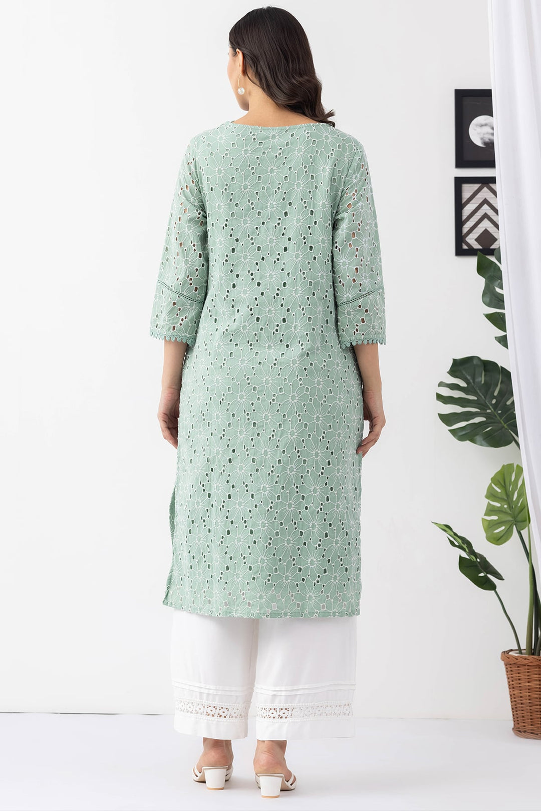 Sage Green Embroidered Cotton Schiffli Kurti with Round Neck &amp; 3/4 Sleeves