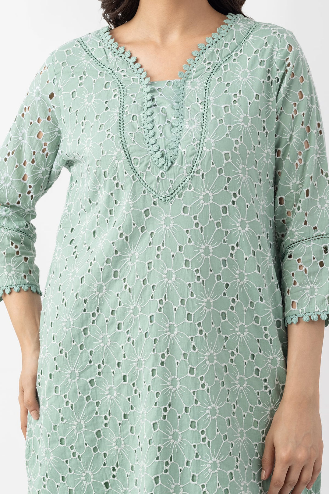 Sage Green Embroidered Cotton Schiffli Kurti with Round Neck &amp; 3/4 Sleeves