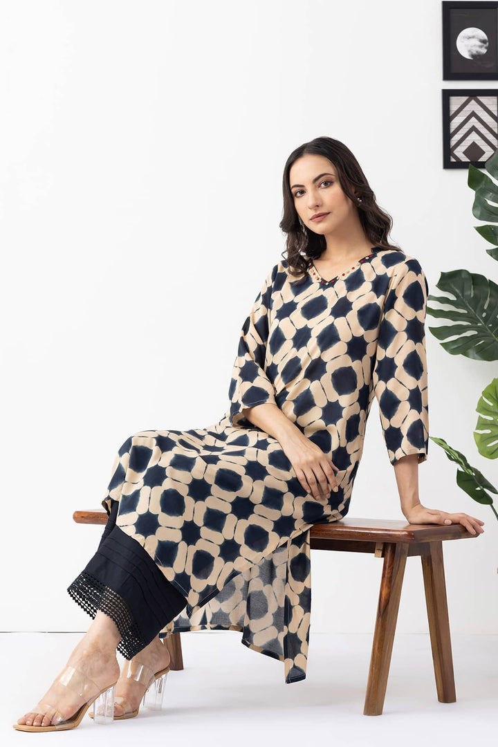 Black &amp; Beige Modal Printed Kurti with V Neck &amp; 3/4 Sleeves